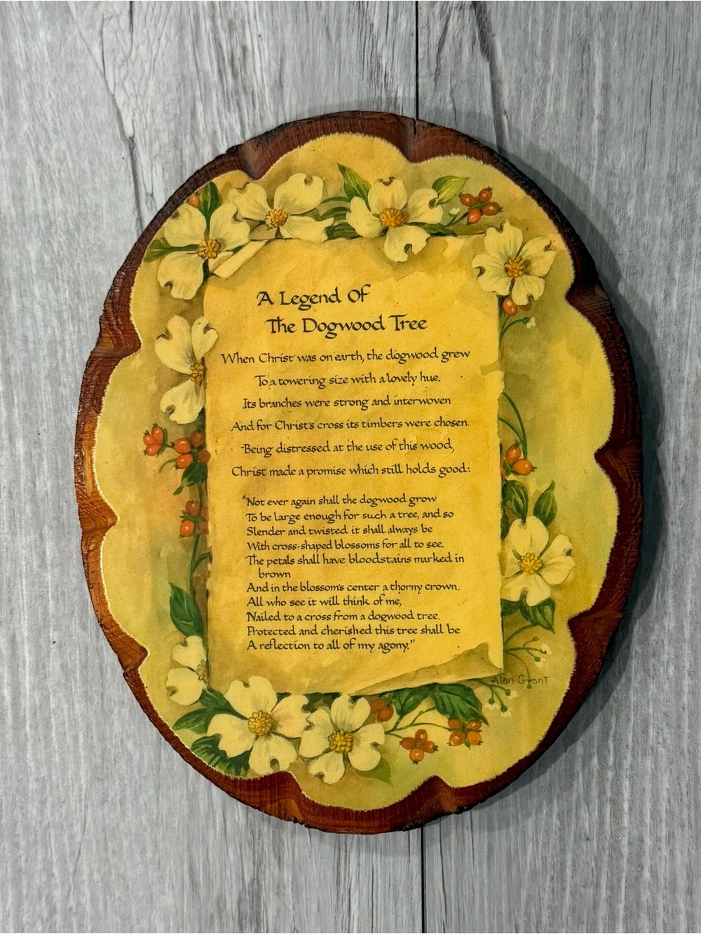 Vintage Round Wood Hanging Plaque "Legend of the Dogwood Tree" Inspirational